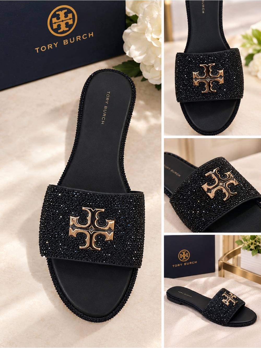 Tory Burch Black Crystal Slide with Gold Logo